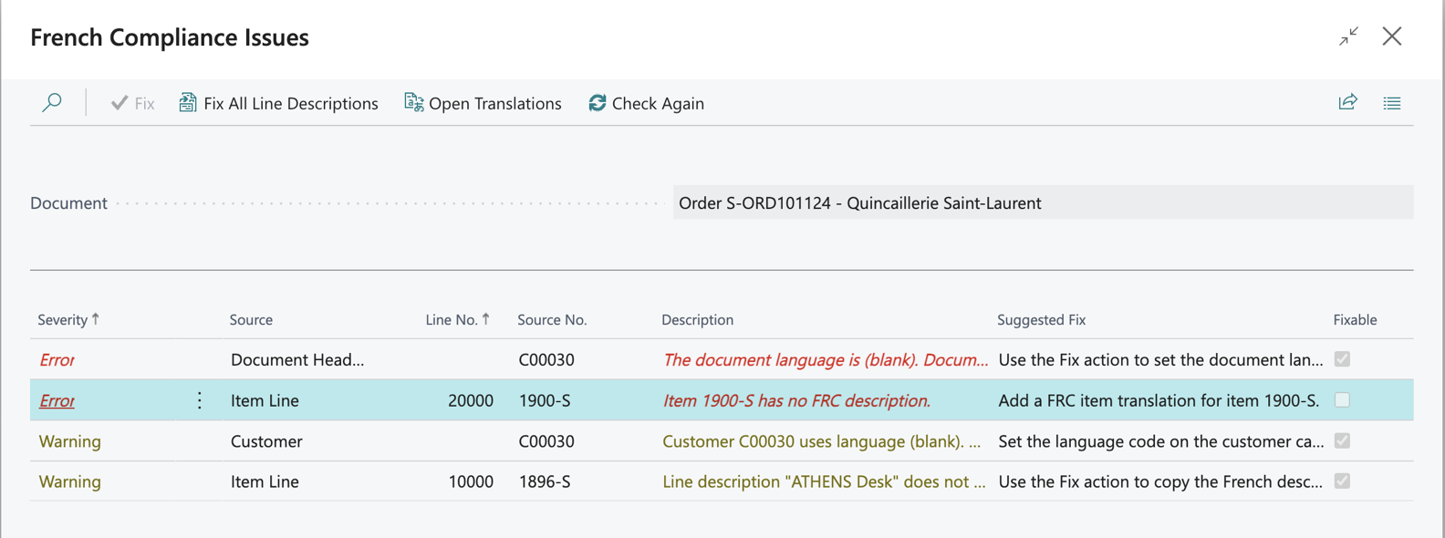The French Compliance Issues page on a sales order, listing two errors and two warnings with suggested fixes