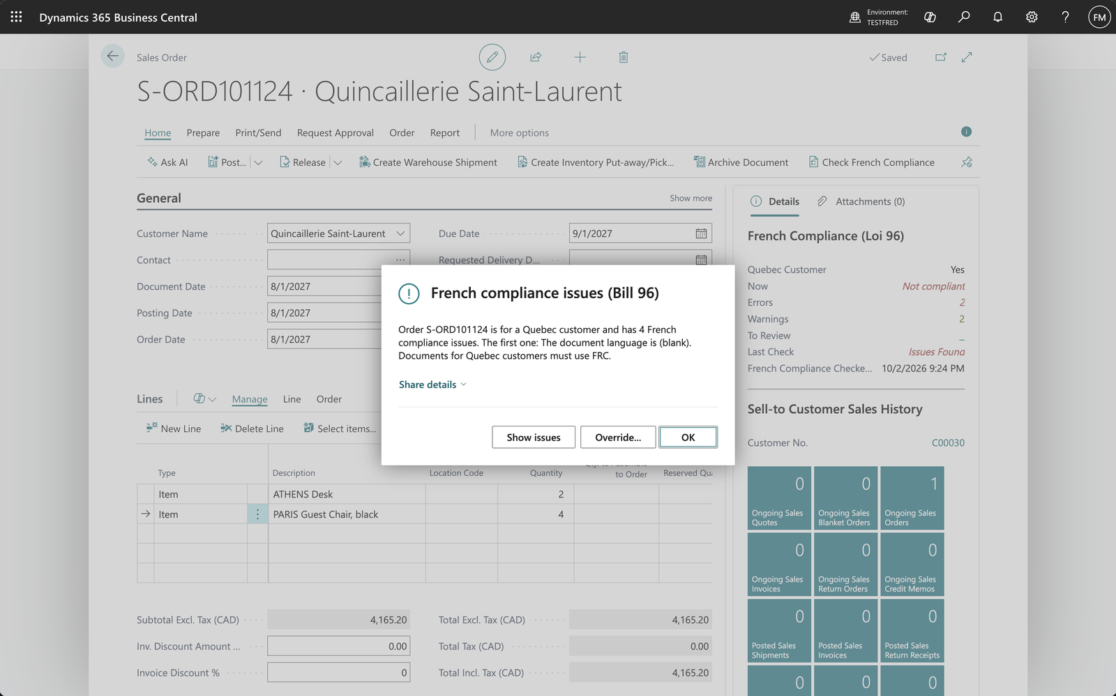 Business Central stopping the release of a sales order with a French compliance error offering Show issues and Override