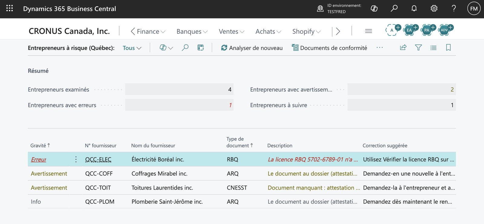 La page Entrepreneurs à risque : une licence RBQ introuvable, une attestation de Revenu Québec expirée, une attestation CNESST manquante et une attestation qui expire bientôt