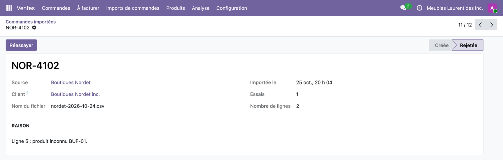Une commande rejetée dans Odoo, avec la raison : produit inconnu à la ligne 5