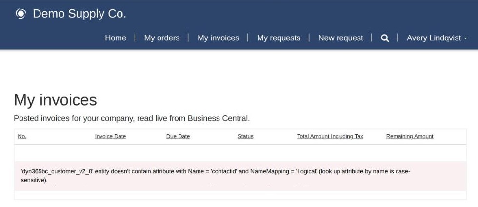 Liste Power Pages sur les factures de vente Business Central affichant l'erreur « entity doesn't contain attribute with Name = 'contactid' »