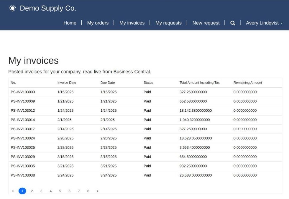 Page du portail Power Pages affichant les factures de vente enregistrées de Business Central, avec pagination