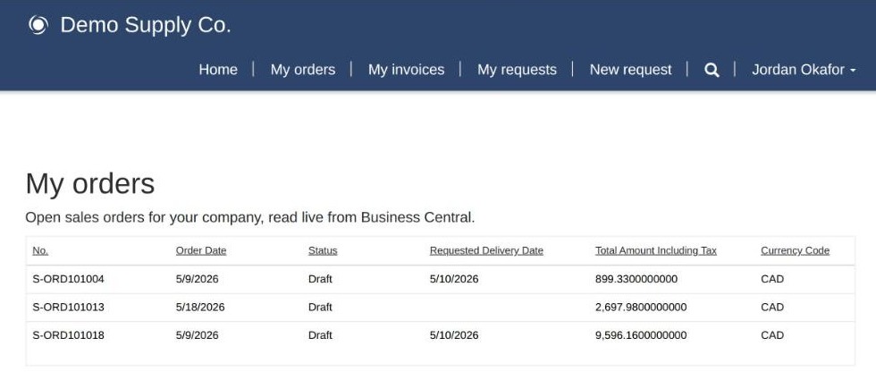 Page Mes commandes du contact B affichant trois autres commandes de vente de Business Central